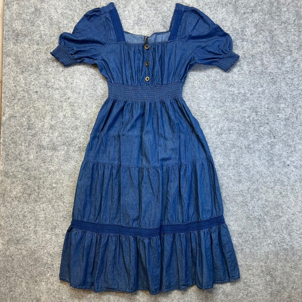 Indigo & Lace Denim Tiered Midi Dress Womens Size M Blue Excellent Puff Sleeve